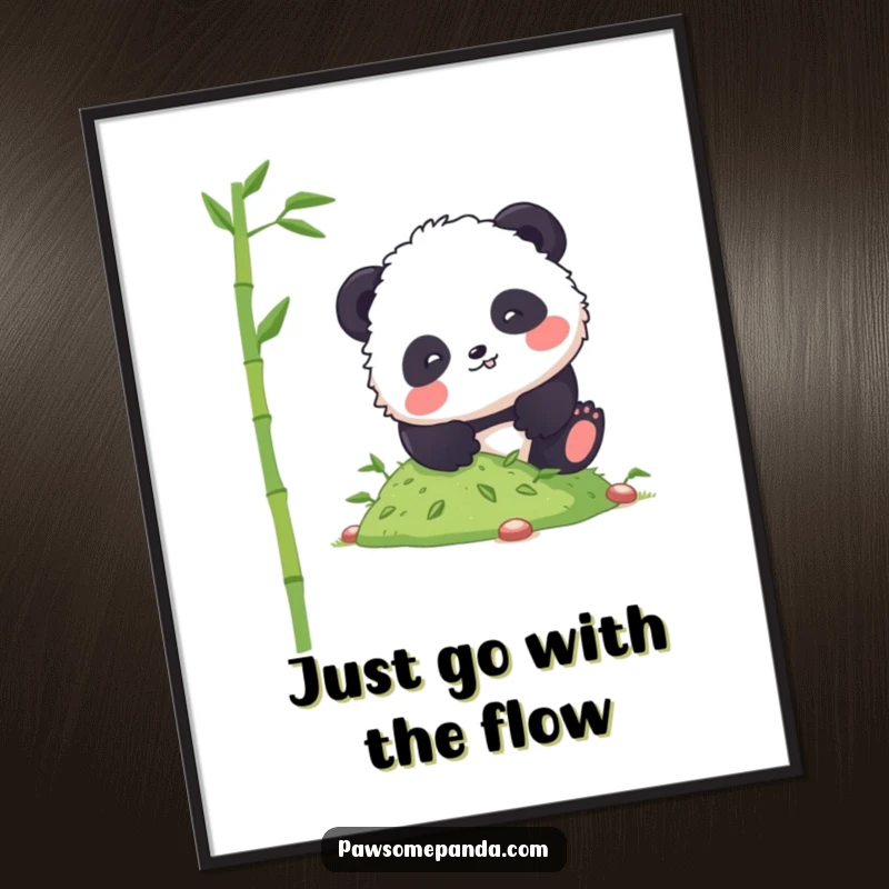 Free Printable Wall Art: A fluffy panda character comically tumbling down a small, green hill comprised entirely of bamboo shoots.