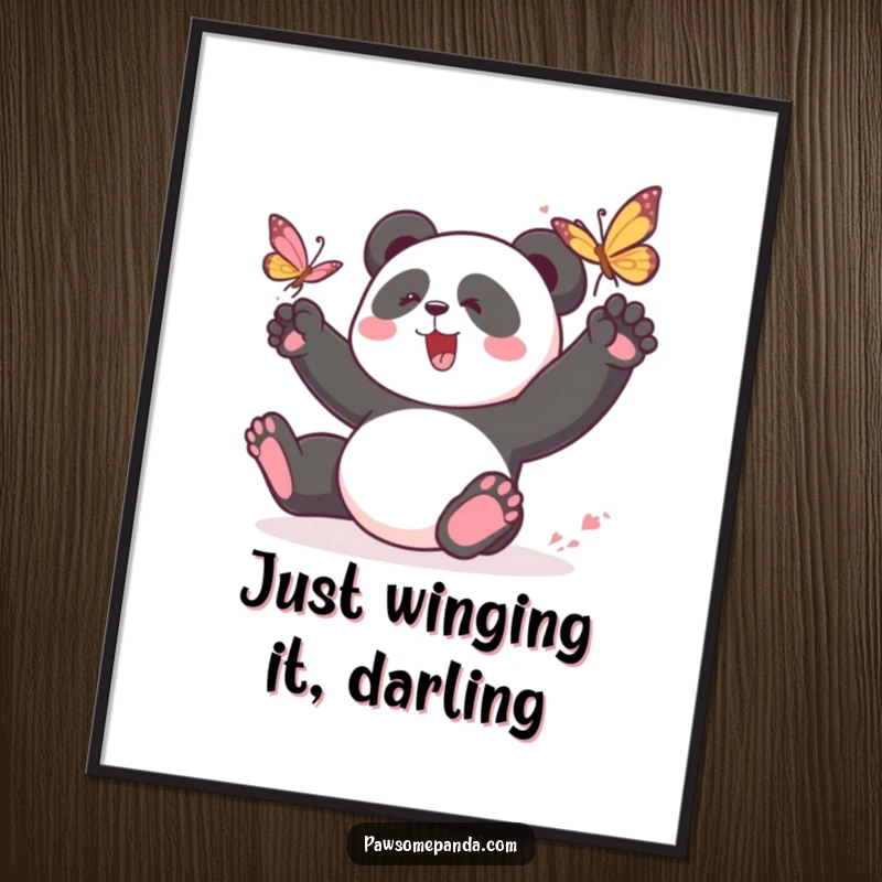 Funny Free Printable Wall Art: A panda character playfully chasing a colorful butterfly, capturing a moment of pure joy.