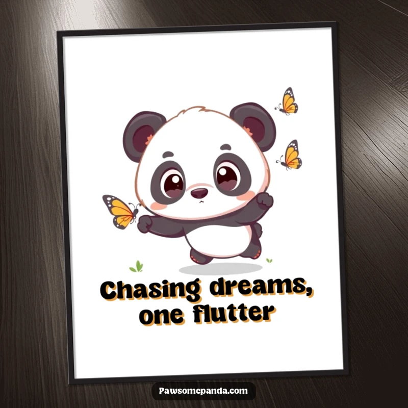 Funny Free Printable Wall Art: Kawaii panda cub with wide, surprised eyes, captivated by a fluttering butterfly.