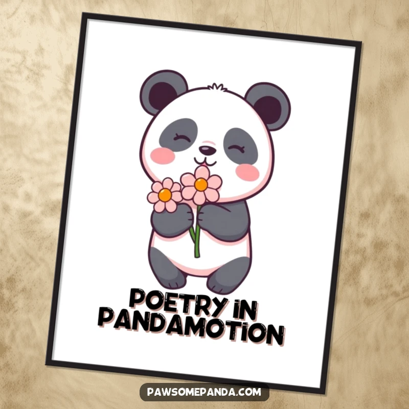 Funny Free Printable Wall Art: A panda character holding a flower with pure delight, radiating happiness and peace.