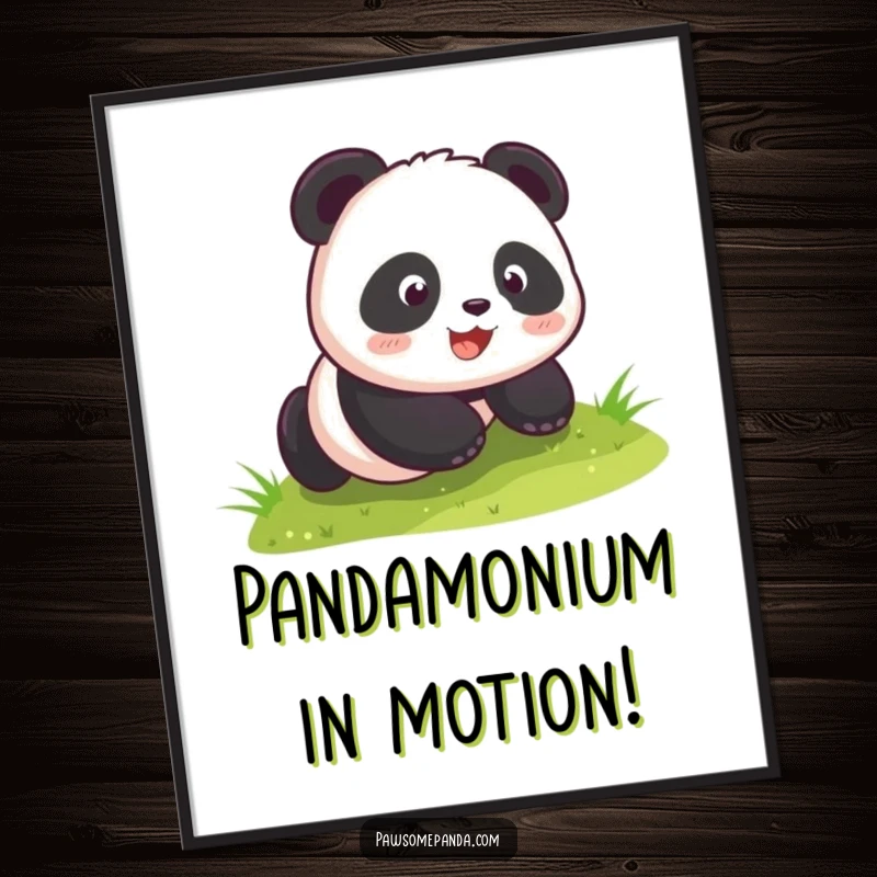 Funny Free Printable Wall Art: Kawaii panda cub joyfully rolling down a grassy hill with pure abandon.