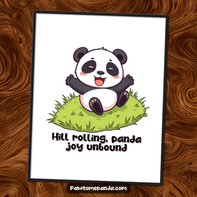 Funny Free Printable Wall Art: An energetic panda character gleefully rolling down a bright green grassy hill.