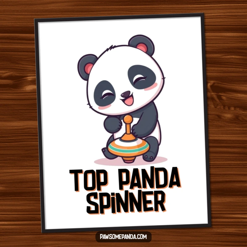Funny Free Printable Wall Art: A playful panda with a mischievous grin balances a spinning top, humorous downloadable art.