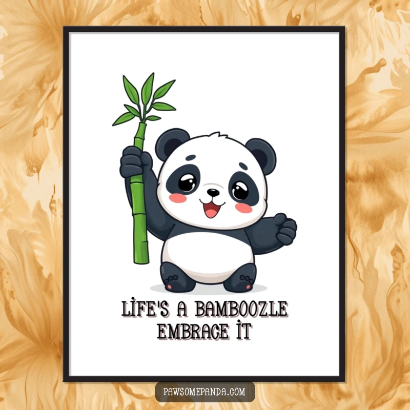 Funny Free Printable Wall Art: Panda with a massive grin holds up a single bamboo shoot in victory.