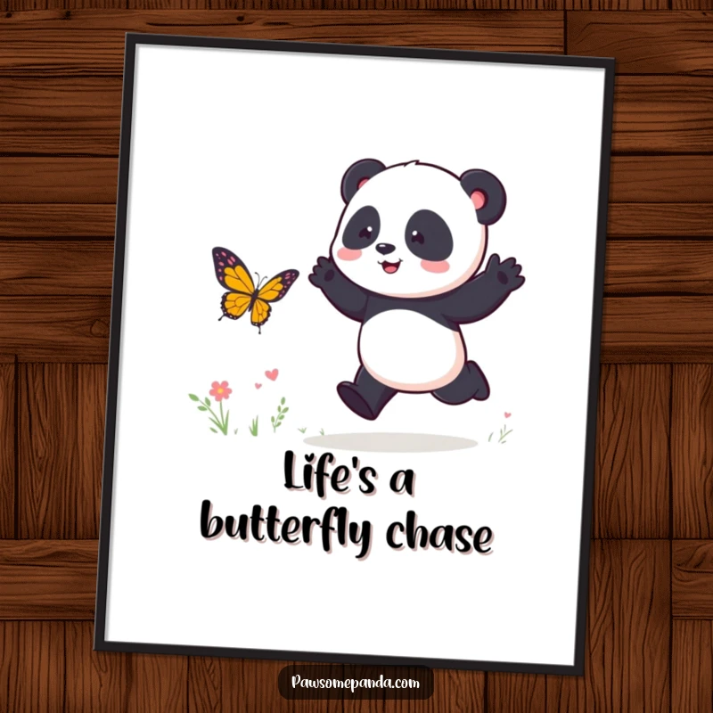 Funny Free Printable Wall Art: Energetic panda joyfully hops after a butterfly, a whimsical and humorous scene.