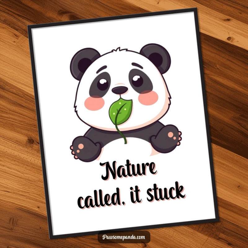 Funny Free Printable Wall Art: A shocked panda with a green leaf stuck to its nose, looking surprised. Humorous downloadable decor.