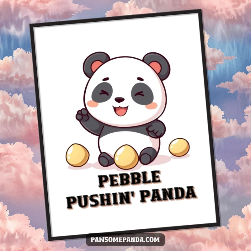 Funny Free Printable Wall Art: A happy panda attempts to juggle three shiny pebbles, making a humorous downloadable piece.