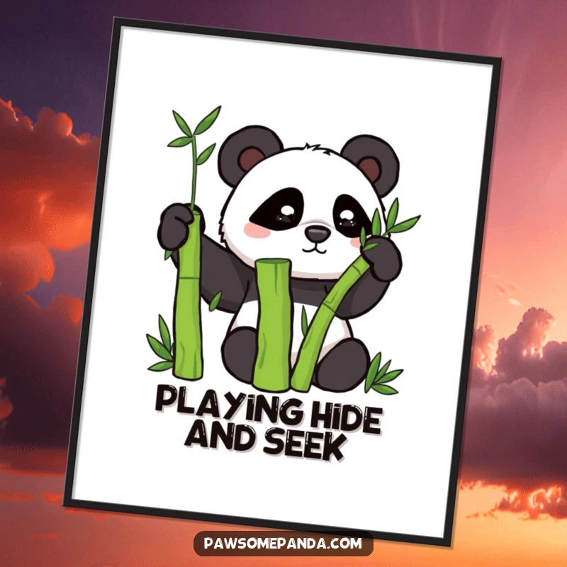 Funny Free Printable Wall Art: A mischievous panda peeking playfully from behind a tall bamboo stalk. Humorous downloadable decor.