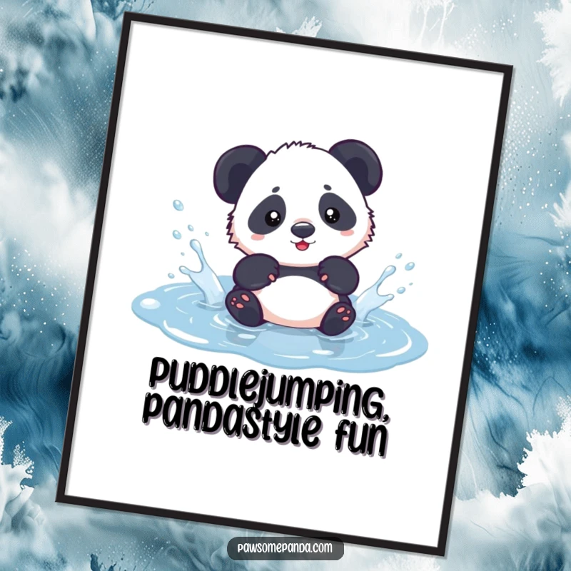 Funny Free Printable Wall Art: Kawaii panda cub joyfully splashing water in a small puddle, creating a cheerful scene.