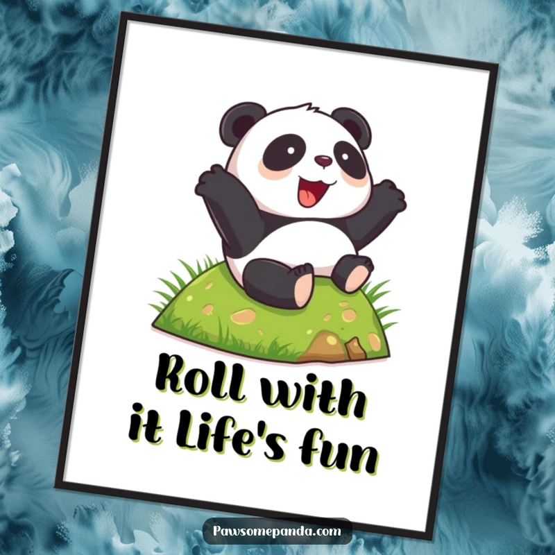 Funny free printable wall art: a happy panda with a huge smile enthusiastically rolls down a lush green grassy hill.
