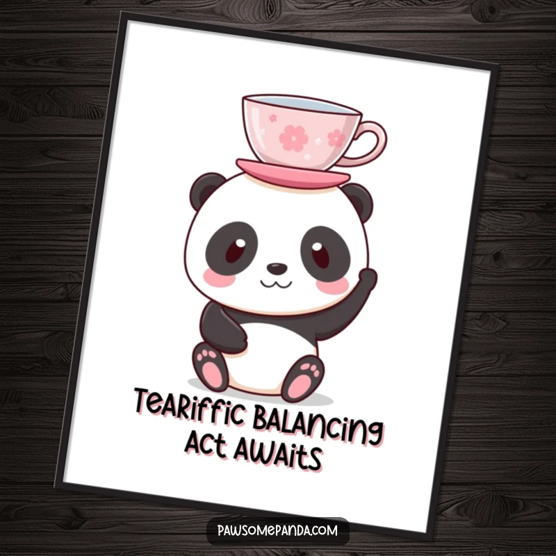 Funny Free Printable Wall Art: A panda sits serenely, balancing a teacup perfectly on its head with concentration.
