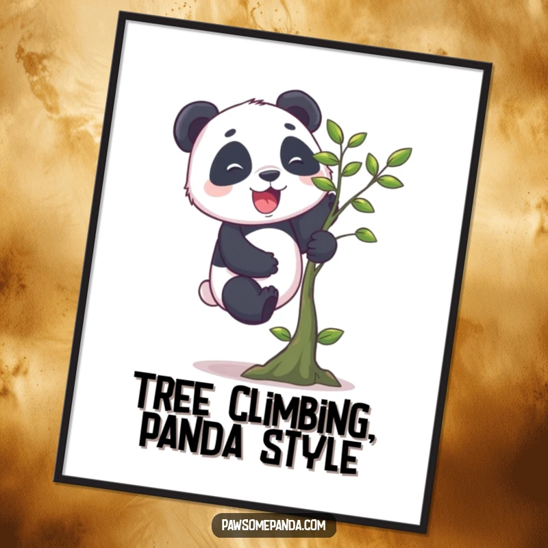Funny Free Printable Wall Art: A cheerful panda with stubby legs climbs a very small tree, humorous downloadable art.
