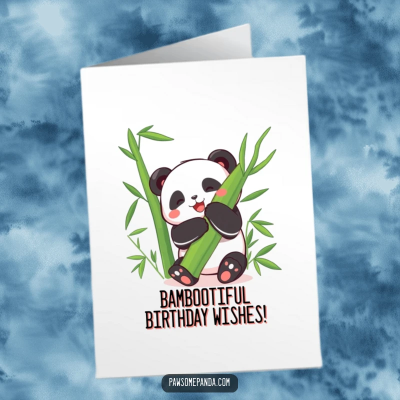 Funny Free Printable Birthday Card: Happy panda hugging giant bamboo leaf with delight, expressing joy and funny birthday wishes.
