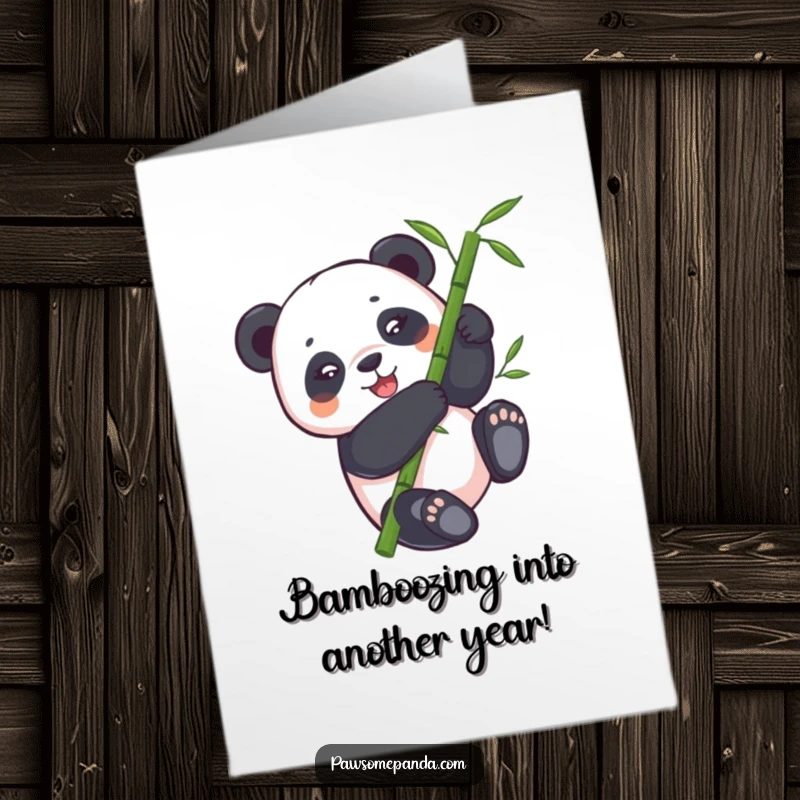 Funny Free Printable Birthday Card: Energetic panda bear comically tumbling head over heels down a vibrant green bamboo stalk.