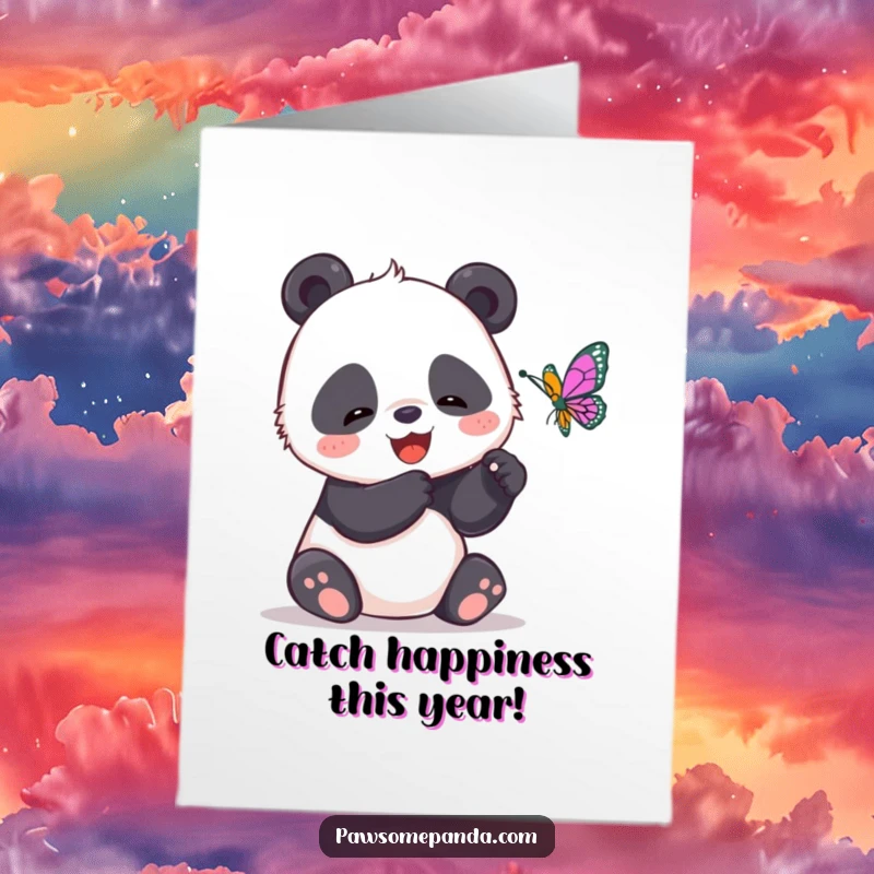 Funny Free Printable Birthday Card: Giggling panda playfully tries to catch a butterfly with its paws, a humorous and sweet scene.