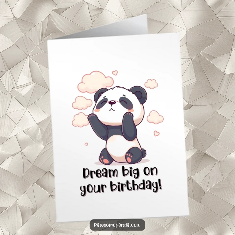 Funny Free Printable Birthday Card: A dreamy panda looking up at fluffy white clouds with a serene expression. Whimsical downloadable greeting.