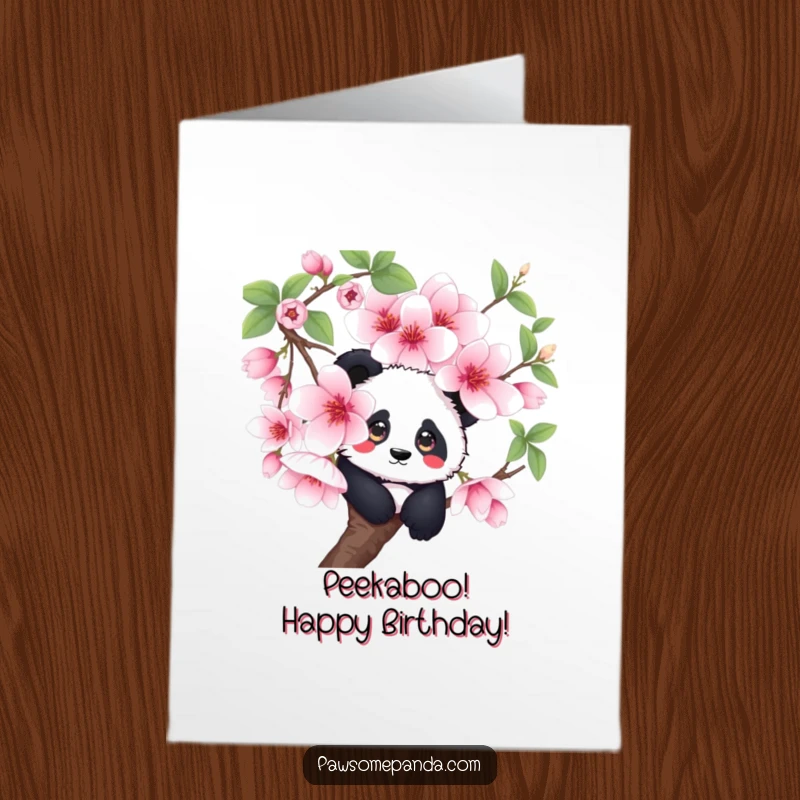 Funny free printable birthday card: a curious panda peeking from behind a huge, blooming cherry blossom, sweet and funny.