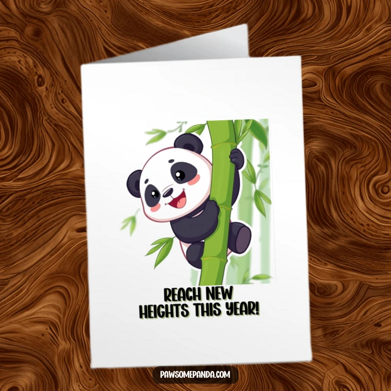 Funny Free Printable Birthday Card: A cheerful panda character grinning while climbing a tall bamboo stalk, celebrating a birthday.