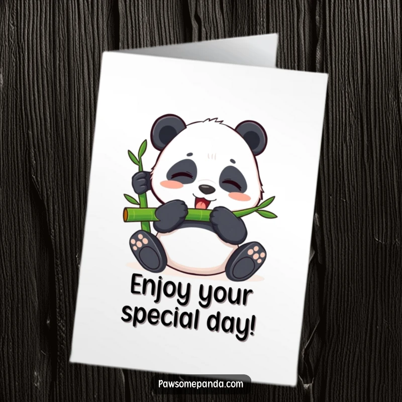 Funny Free Printable Birthday Card: Content panda happily munches bamboo with closed eyes, a picture of pure, cute bliss.