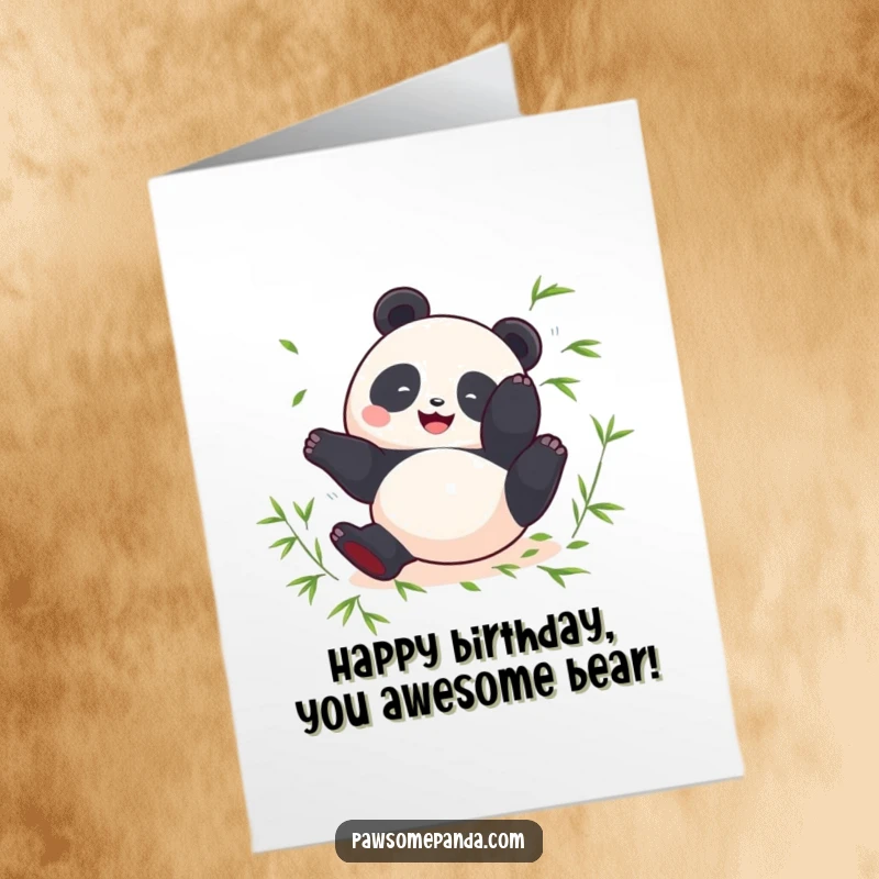 Funny Free Printable Birthday Card: A round panda character performs a joyful somersault amidst scattered bamboo leaves.