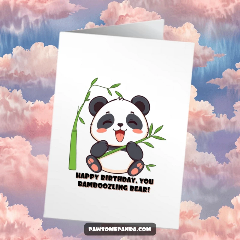 Kawaii Free Printable Birthday Card: A cute panda character joyfully devouring a large stalk of bamboo.