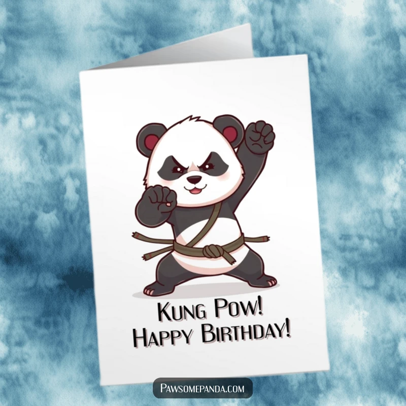 Funny Free Printable Birthday Card: A panda strikes a fierce martial arts pose, ready to celebrate your birthday.