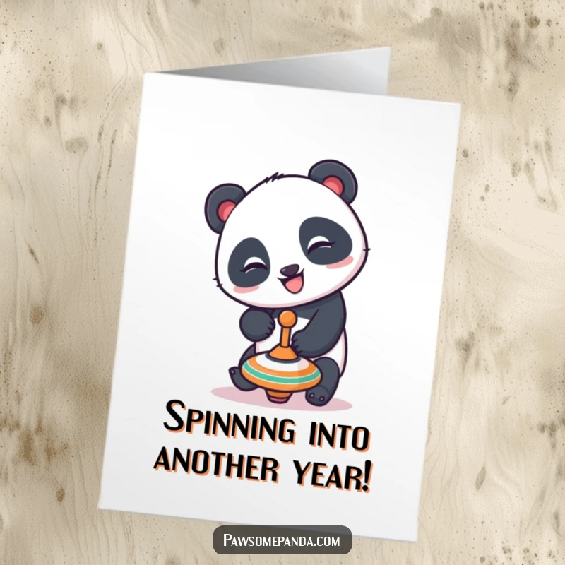 Funny Free Printable Birthday Card: A playful panda with a mischievous grin balances a spinning top, a humorous downloadable greeting.