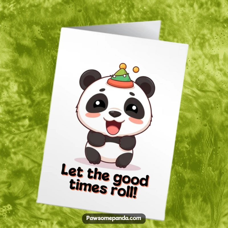 Funny Free Printable Birthday Card: A stocky panda roars playfully wearing a tiny, askew festive hat, perfect for birthday cheer.