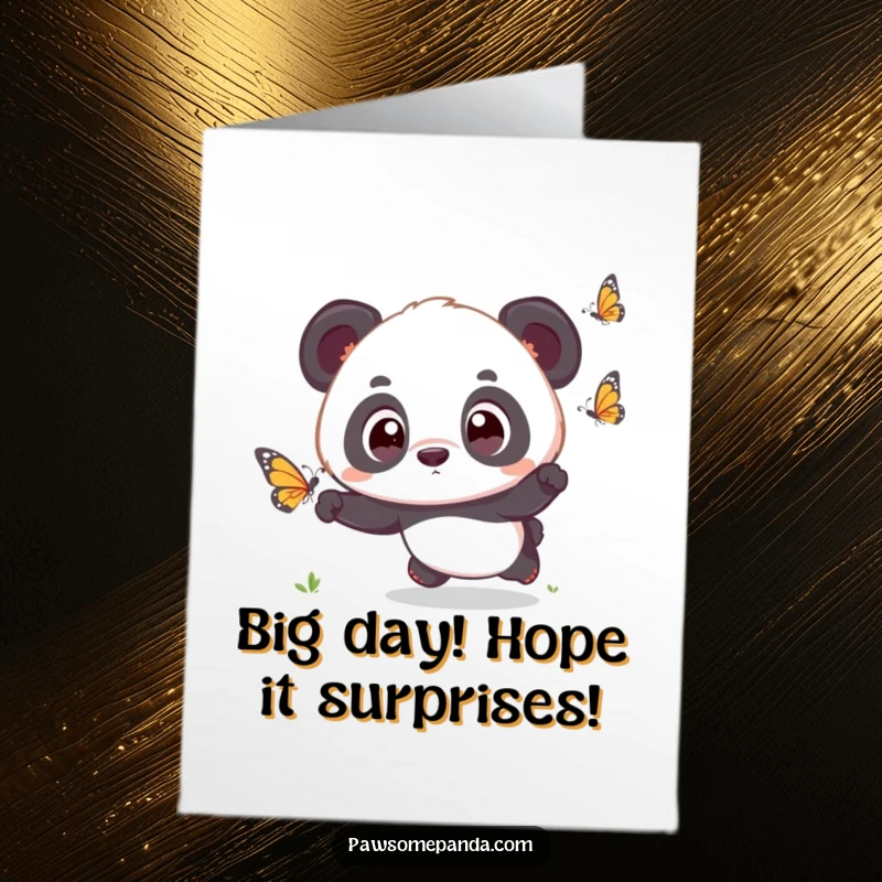 Funny Free Printable Birthday Card: Kawaii panda cub with wide, surprised eyes, chasing a colorful butterfly through a meadow.