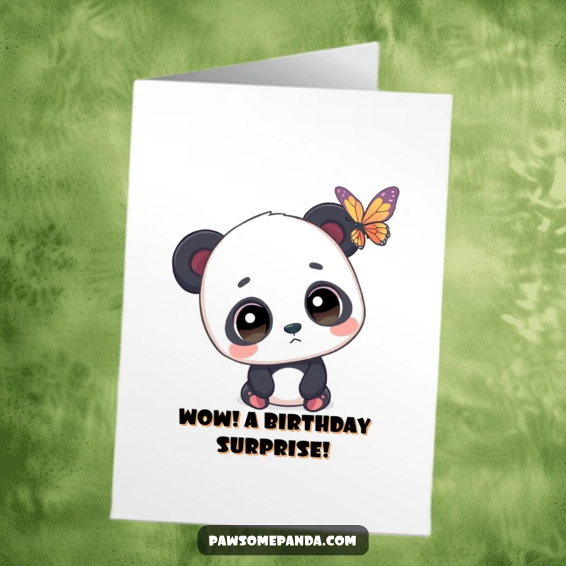 Funny Free Printable Birthday Card: A panda gazes with wide, amazed eyes at a delicate butterfly fluttering nearby.