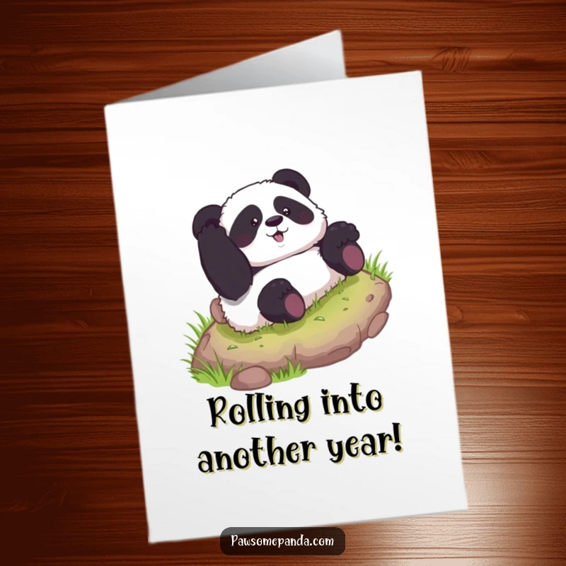 Funny Free Printable Birthday Card: Curious panda rolling downhill with glee, a hilarious downloadable card for any occasion. Perfect for a good laugh.