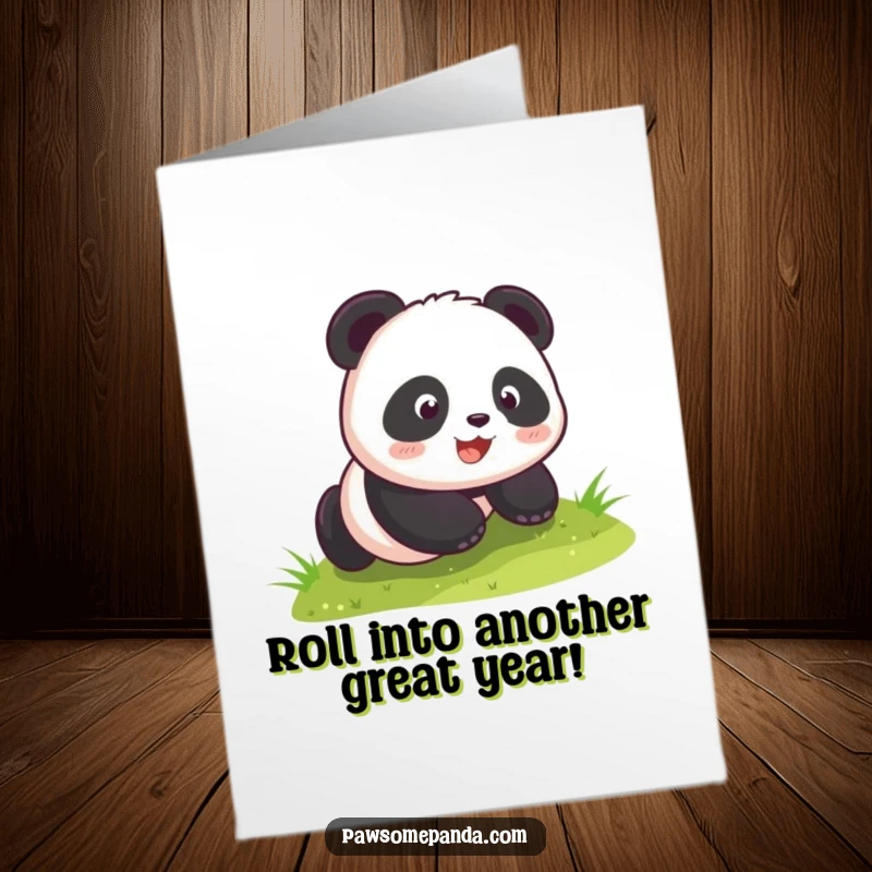 Funny Free Printable Birthday Card: Kawaii panda cub joyfully rolling down a green grassy hill, pure excitement.