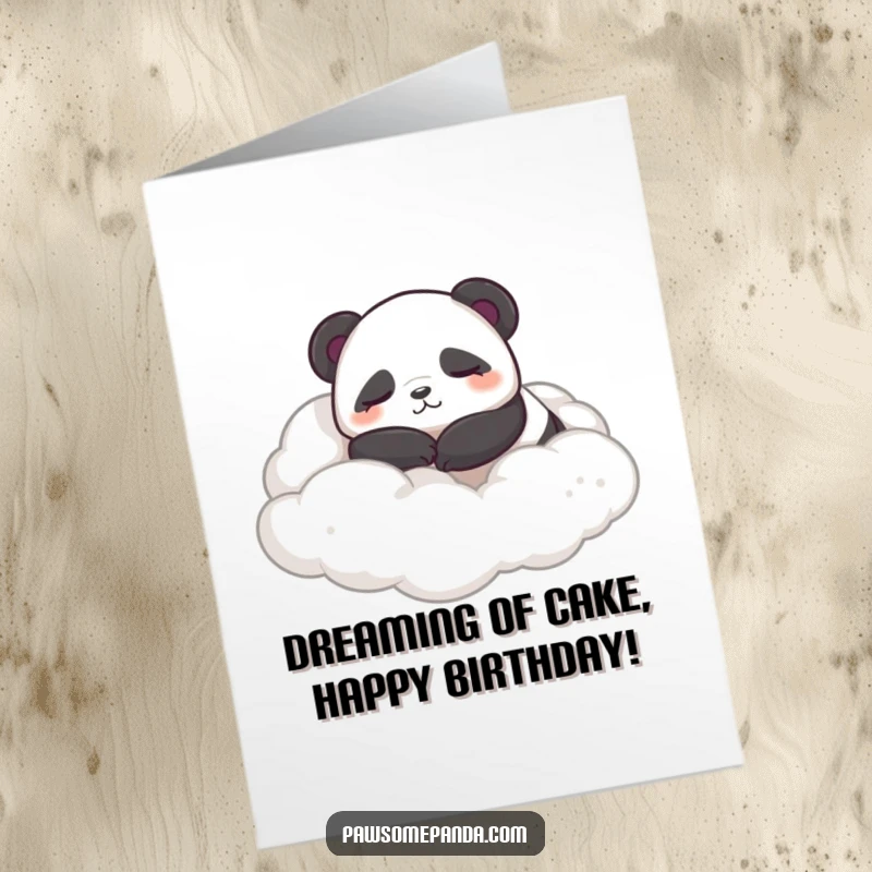 Funny Free Printable Birthday Card of a sleepy panda rolling contentedly in soft, fluffy clouds.