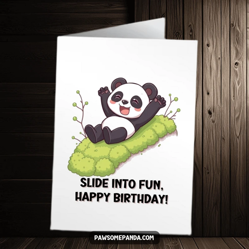 Funny Free Printable Birthday Card: Panda gleefully sliding down a mossy hill with a huge smile.