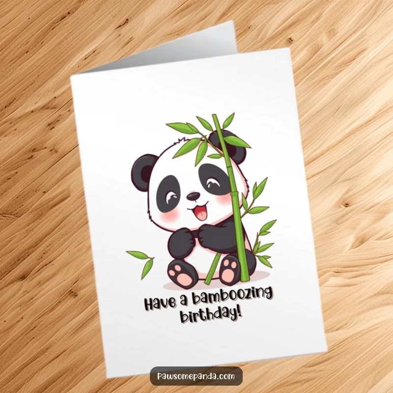 Funny Free Printable Birthday Card: A happy panda character contentedly munching on a stalk of bamboo, celebrating a birthday.