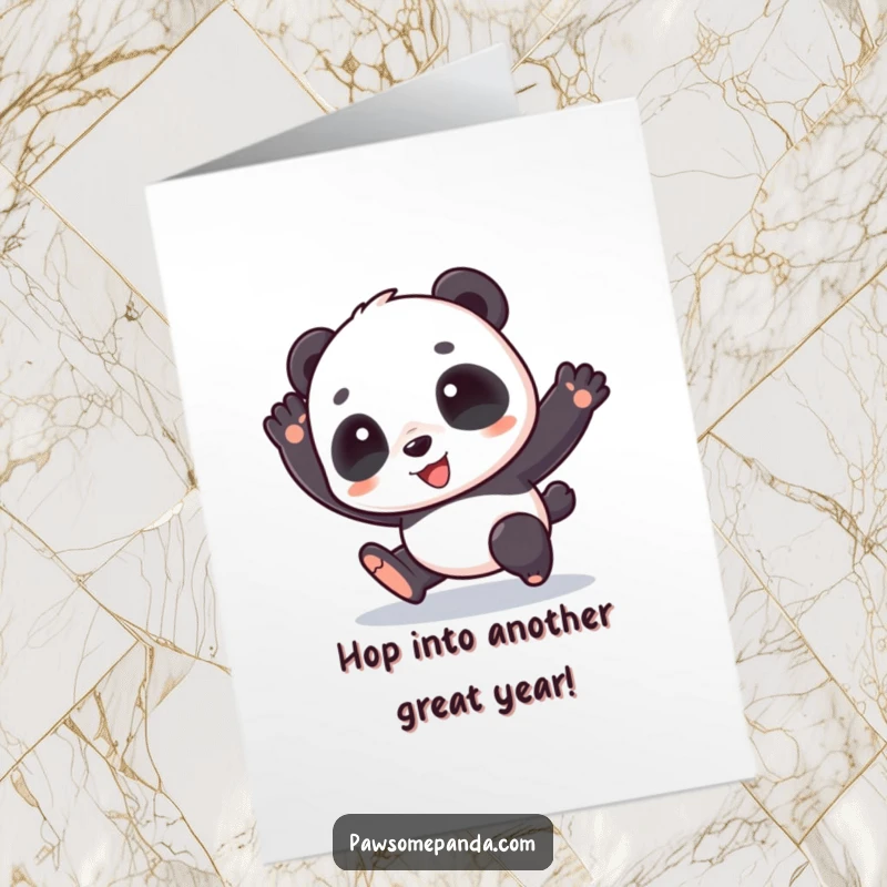 Funny Free Printable Birthday Card featuring a joyful panda character performing a happy little hop, ready to celebrate.
