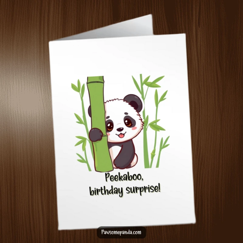 Funny free printable birthday card with a kawaii panda cub curiously peeking from behind a green bamboo shoot.