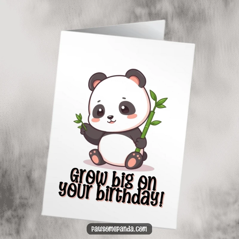 Funny Free Printable Birthday Card: Small happy panda gently patting a tiny bamboo sprout, symbolizing growth and care.