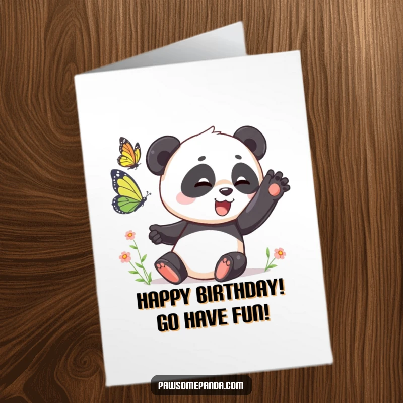 Funny Free Printable Birthday Card: A panda playfully swatting at a butterfly, capturing a moment of joyful pursuit.