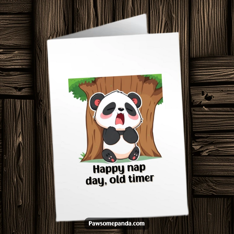 Funny Free Printable Birthday Card: A very sleepy panda sits against a tree, yawning widely, conveying peaceful exhaustion.