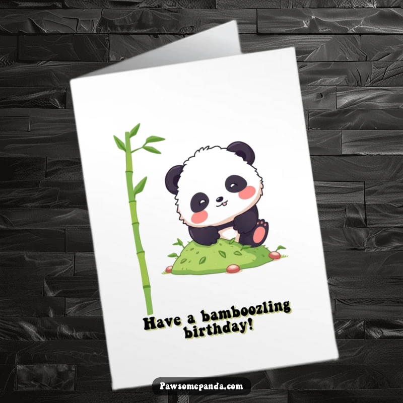 Funny Free Printable Birthday Card: Fluffy panda comically tumbling head over heels down a small, green hill of bamboo.