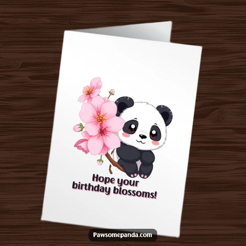 Free Printable Birthday Card: Panda peeking from behind a large cherry blossom, a cute and downloadable card.