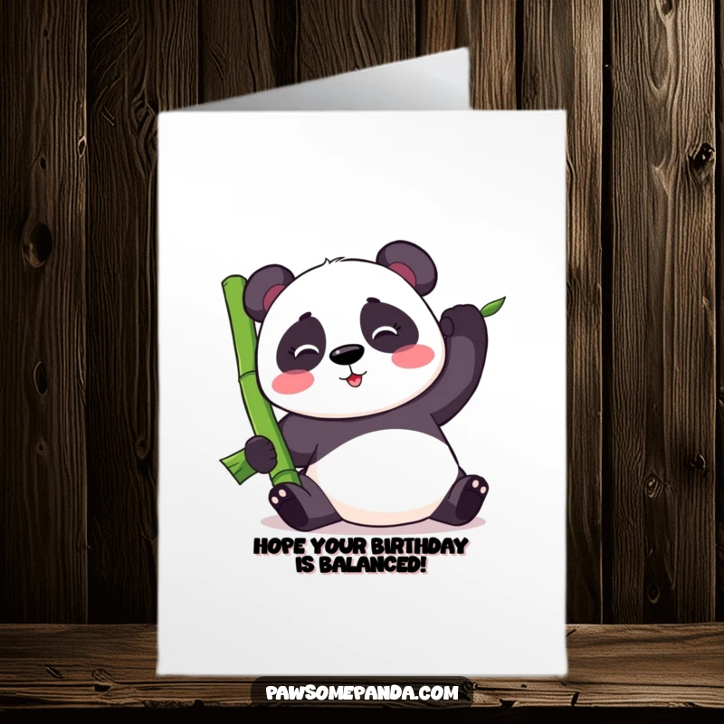 Funny Free Printable Birthday Card: Kawaii panda bear struggling to balance a huge bamboo stalk, comically serious.