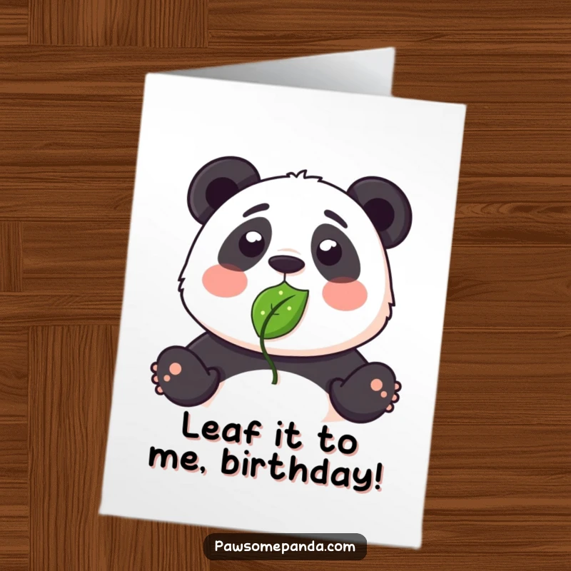 Funny Free Printable Birthday Card: Surprised panda with a leaf stuck to its nose, looking shocked. Hilarious downloadable greeting.
