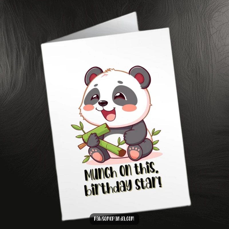 Funny free printable birthday card showing a kawaii panda cub gleefully munching on a delicious bamboo snack with delight.