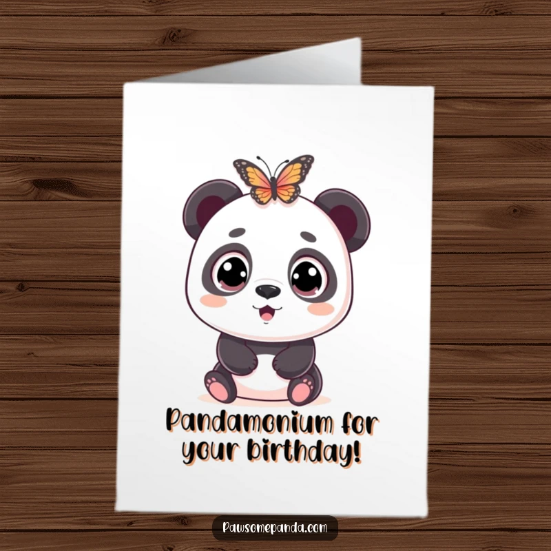 Funny Free Printable Birthday Card featuring a wide-eyed panda, comically startled by a delicate butterfly's approach.
