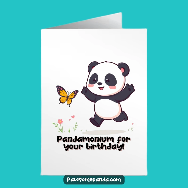 Free Printable Birthday Card: Funny Panda Chasing Butterfly, Energetic Hop Downloadable Gift