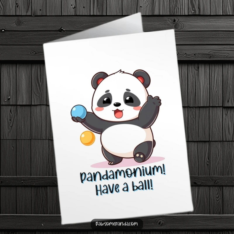Funny free printable birthday card: chubby panda with a surprised grin juggles colorful balls, a delightful DIY greeting.