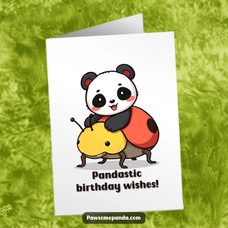 Funny Free Printable Birthday Card: Happy panda rides a giant ladybug, spreading joy, making it a silly and unique card.