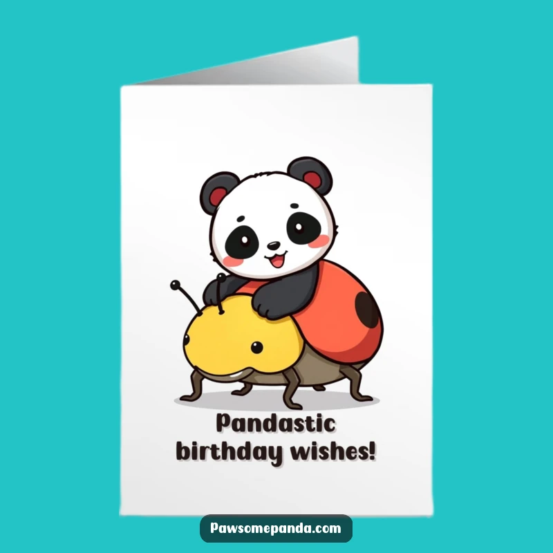 Free Printable Birthday Card: Cheerful Panda Ladybug Ride - Funny Downloadable Gift